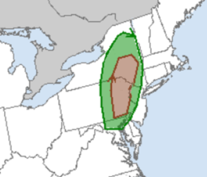 The green area could see severe thunderstorms with tornadoes; the brown area has an even greater risk of tornadic thunderstorms. Image: NWS