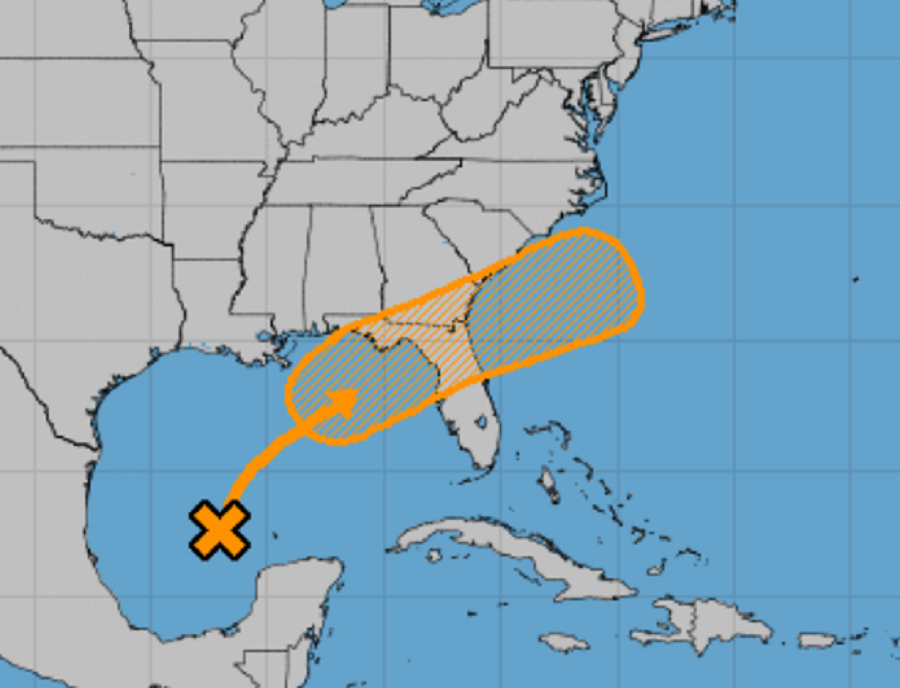 The National Hurricane Center is tracking a disturbance in the Gulf of Mexico that is forecast to move across northern Florida to the Atlantic Ocean. Image: NHC