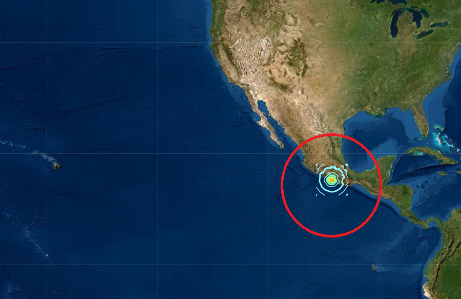 The strong earthquake struck the west coast of Mexico near 17.1 North and 99.6 West.  Image: USGS