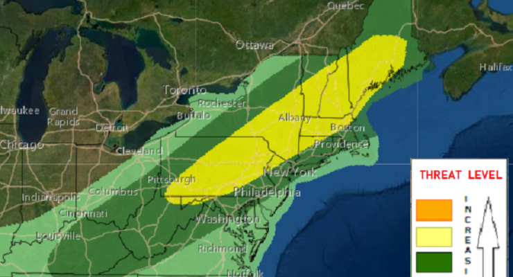 Severe thunderstorms are possible in the dark green area, There's even a greater risk in the yellow zone. Image: NWS