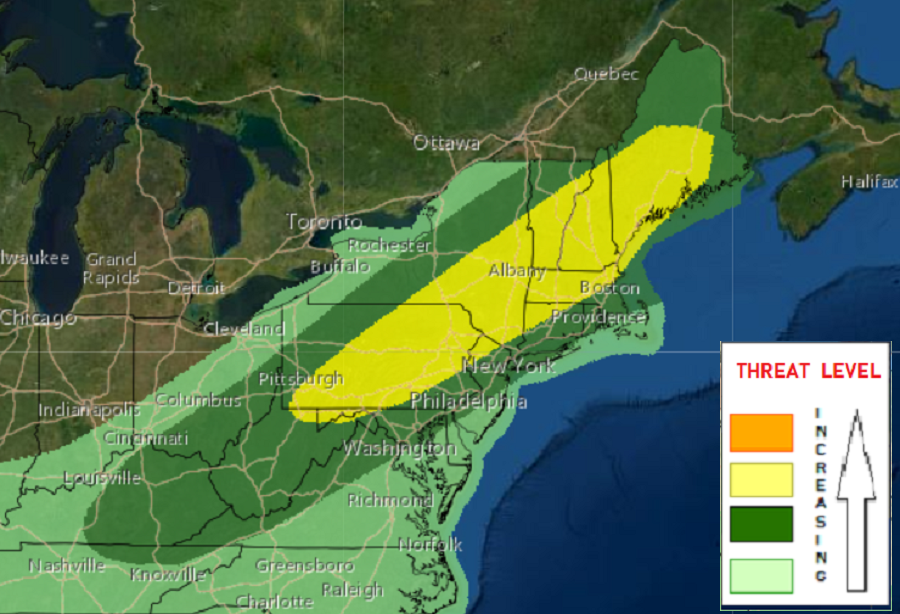 Severe thunderstorms are possible in the dark green area, There's even a greater risk in the yellow zone. Image: NWS