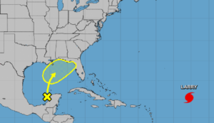 The National Hurricane Center is monitoring a disturbance in the Gulf of Mexico and Major Hurricane Larry in the Atlantic. Image: NHC
