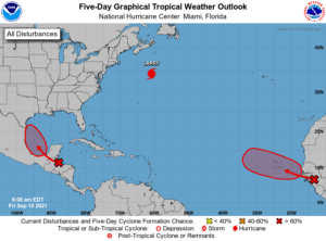 Hurricane Larry is joined by two other systems in the Atlantic Hurricane Basin that are expected to develop into tropical cyclones soon. Image: NHC