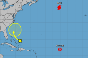 Sam and Victor are no threat to land, but an area of concern near the Bahamas could threaten the U.S. East Coast. Image: NHC