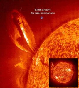 A solar eruption seen by the SOHO spacecraft on July 24, 1999, with Earth inserted to give a sense of scale to the blast. Image: ESA / SOHO / EIT