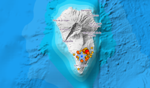 The strongest earthquake of the ongoing swarm occured this evening on the southern side of the volcanic island of La Palma. Image: Istituto Geografico Nacional de Espana / Spain's National Institute of Geography