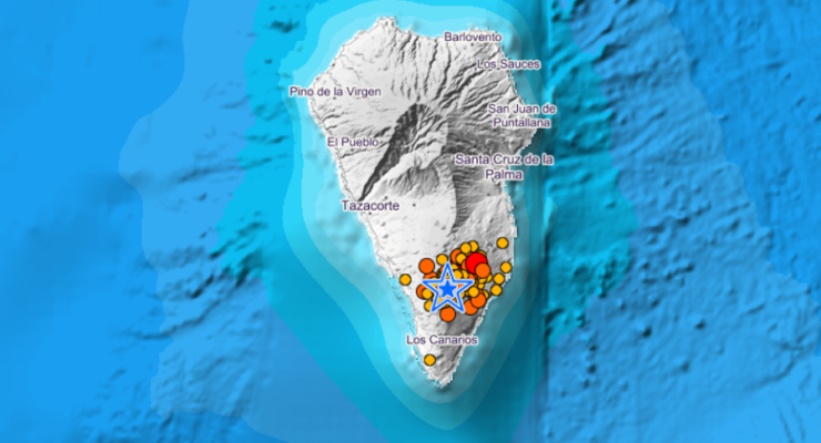 The strongest earthquake of the ongoing swarm occured this evening on the southern side of the volcanic island of La Palma. Image: Istituto Geografico Nacional de Espana / Spain's National Institute of Geography