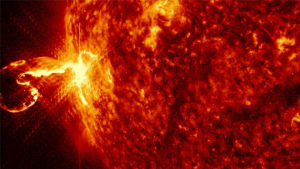 Screen capture from a video showing a solar flare with a coronal mass ejection, or CME, component. Credit: NASA/SDO