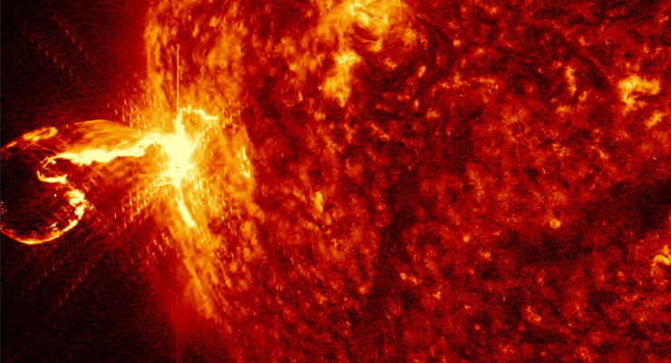 Screen capture from a video showing a solar flare with a coronal mass ejection, or CME, component. Credit: NASA/SDO