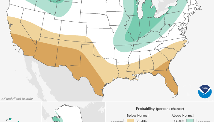 NOAA's 2021-2022 Winter Outlook calls for a generally wet north and dry south. Image: NOAA