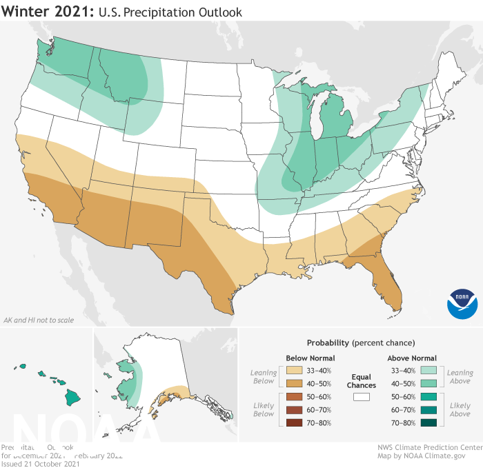 NOAA's 2021-2022 Winter Outlook calls for a generally wet north and dry south. Image: NOAA