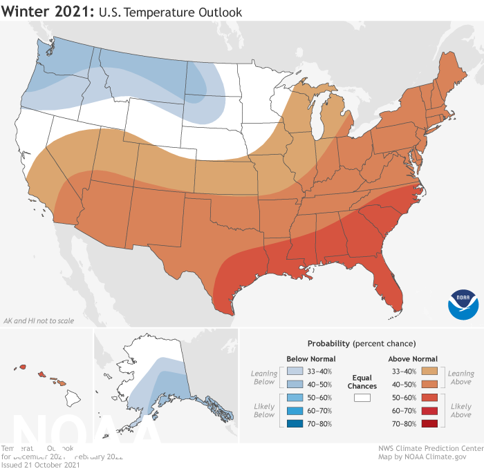 With the La Nina forecast, NOAA expects warmer than normal temperatures in the southeast and cooler than normal temperatures in the northwest. Image: NOAA