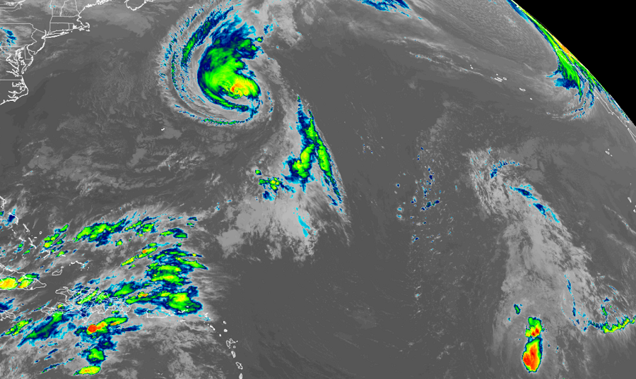 Major Hurricane Sam is still impressive looking on the current GOES-East weather satellite imagery. The same can't be said for Victor which is quickly falling apart in the east-central North Atlantic. Image: NOAA