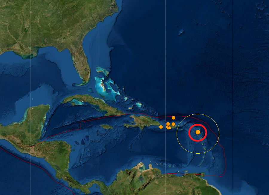 Today's strong earthquake struck in the eastern Caribbean. Image: USGS