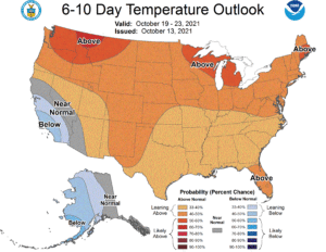 NOAA's Climate Prediction Center has much of the U.S. under shades of red and orange, indicative of temperatures milder than normal forecast for next week. Image: NOAA