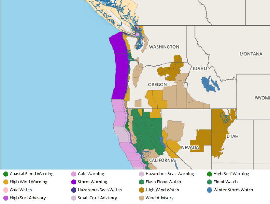 Many watches and warnings are up in the western United States for the incoming bad storm. Image: weatherboy.com