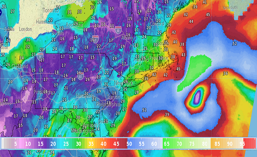 Strong wind gusts of 25-45 kts, or 28 to 52 mph, are possible along the coasts of Virginia, Maryland, Delaware, New Jersey, New York, Connecticut, Rhode Island, Massachusetts, New Hampshire, and Maine. The strongest winds should impact Cape Cod and nearby islands. Image: NWS 