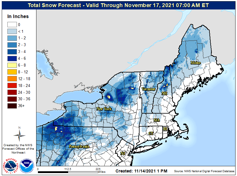 Light snow is expected throughout portions of the northeast from a clipper system. Image: NWS