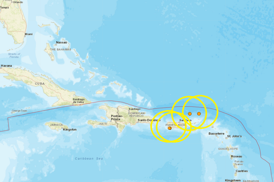 Four earthquakes shook portions of Puerto Rico and the U.S. Virgin Islands within the last 24 hours. Image: USGS