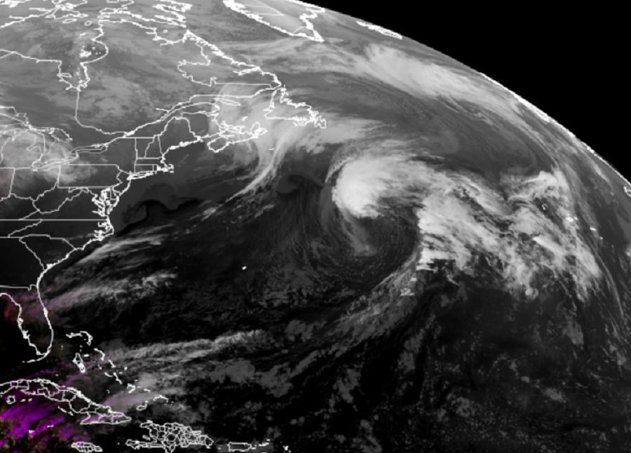 The latest view from the GOES-East weather satellite shows an impressive storm in the North Atlantic well away from land. Image: NOAA