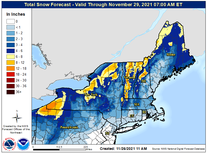 Light snow is expected across portions of the northeast Sunday into Monday; there could be some heavier accumulations in lake effect enhanced snow areas. Image: NWS