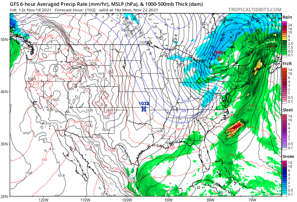 The latest American GFS computer forecast model projects an area of low pressure moving through the Great Lakes region as Thanksgiving Week kicks-off.  Image: tropicaltidbits.com