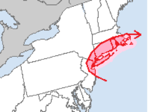 The greatest risk of tornadoes in the U.S. tomorrow is in the red shared area, with portions of New Jersey, New York including New York City and all of Long Island, Connecticut, Rhode Island, and Massachusetts in a risk zone. Image: NWS