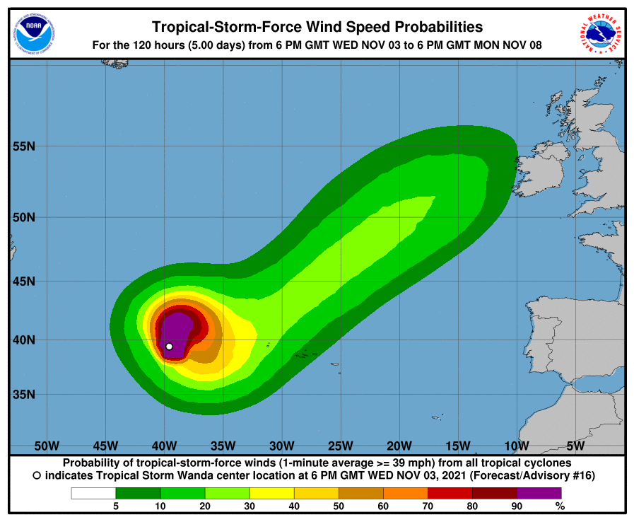 Tropical storm force winds could make their way towards Ireland over time as Wanda eventually moves in the general direction of Europe. Image: NHC