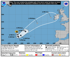 The latest forecast cone from the National Hurricane Center shows the possibility of Tropical Storm Wanda impacting Ireland as early as Tuesday. Image: NHC