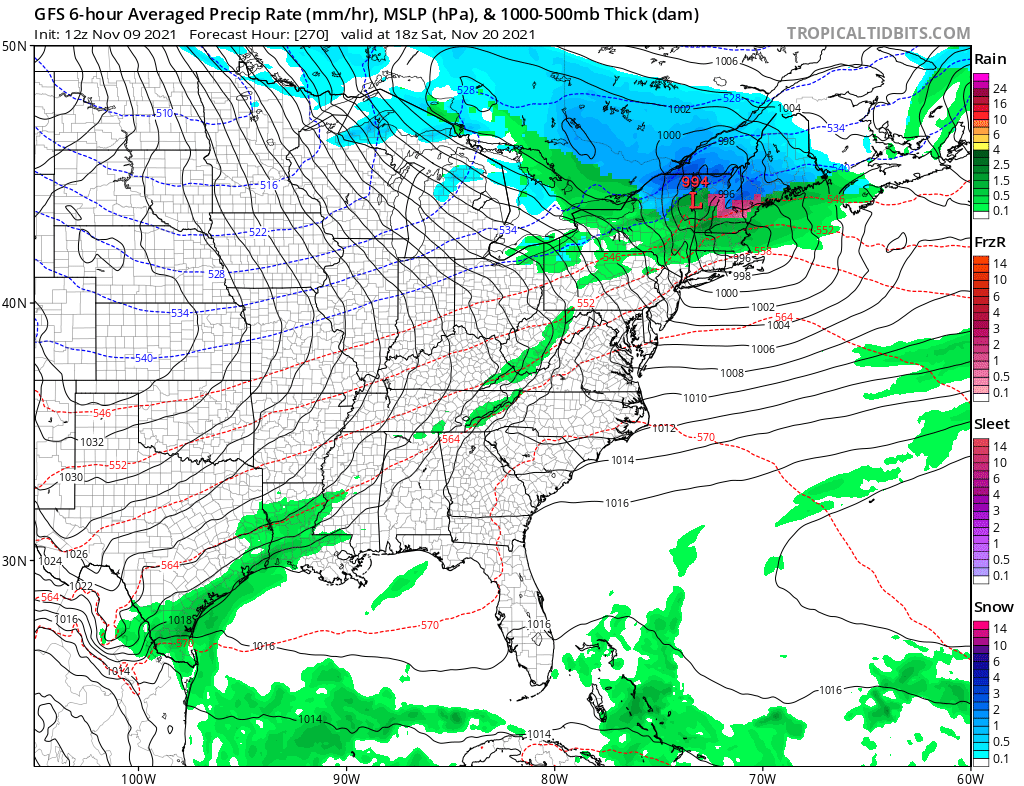 This afternoon's run of the American GFS forecast model is very different from last night's, keeping snow confined to northern New England in the November 19/20 storm. Image: tropicaltidbits.com