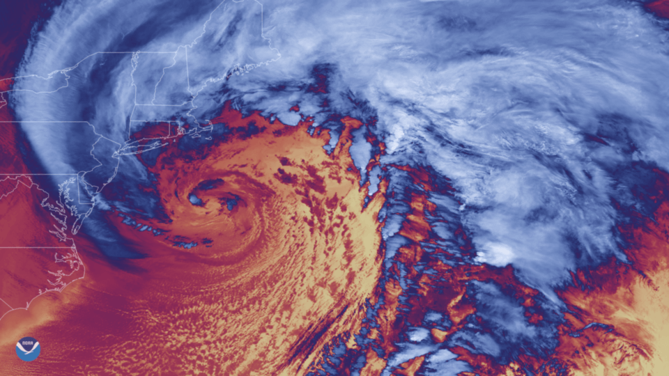 This image of a January 2018 nor'easter was created by NOAA-20's VIIRS instrument, which is sensitive to changes in atmospheric temperature. In this thermal infrared image, blue and white indicate cold cloud tops, while the red and yellow shades indicate lower clouds and clear sky over ocean. This potent storm system cycled air and water across a broad area of the northeast. Image:NOAA