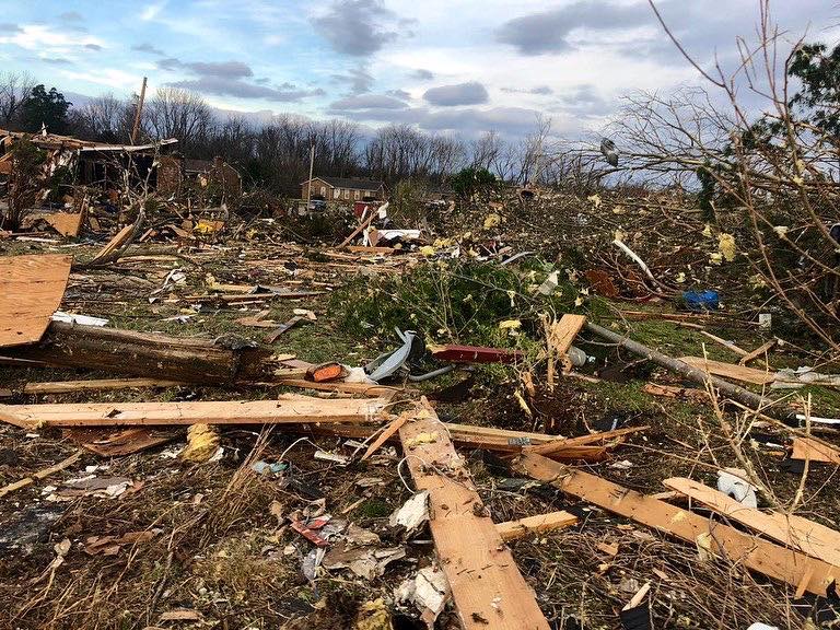 The area around Jennings Creek near Bowling Green, Kentucky is in ruin from the weekend tornadoes. Image: World Central Kitchen