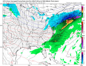 The latest American GFS forecast model suggests an area of widespread accumulating snow from Philadelphia across to Boston and points north into New England Wednesday into Thursday. Image: tropicaltidbits.com