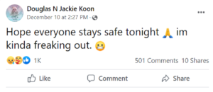 Jackie Koon encouraged friends and neighbors to be safe right before the severe weather struck. Image: Jackie Koon / Facebook
