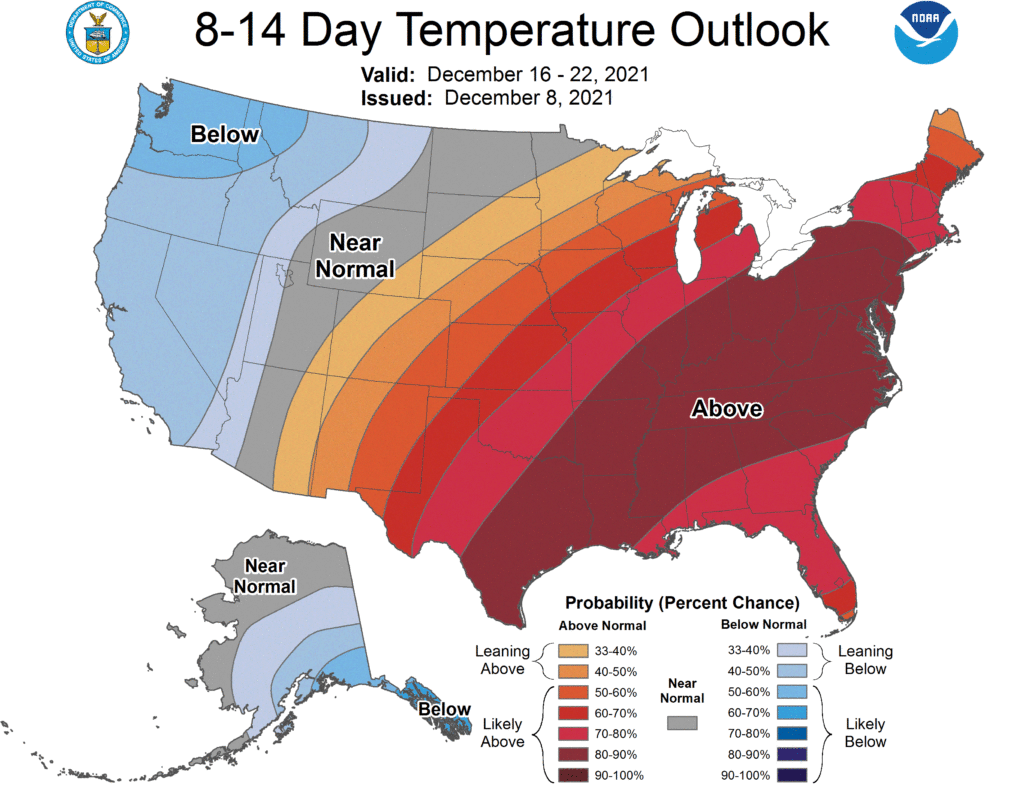The 8-14 day temperature outlook from the Climate Prediction Center shows mild weather should persist in the east into the middle and later part of December.  Image: CPC/NWS