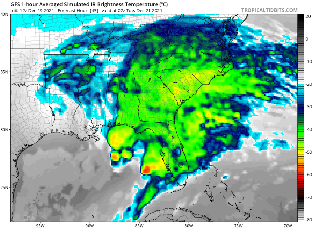 Simulated IR satellite view of the Florida area late Monday night / early Tuesday morning shows an area of low pressure developing along the Florida Gulf coast. This simulation is based on GFS computer forecast model data. Image: tropicaltidbits.com