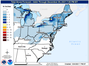 Up to an inch or two of snow could fall late Tuesday into Wednesday across portions of the Mid Atlantic and Northeast. Heavier amounts are possible in Upstate New York due to lake effect snow. Image: NWS