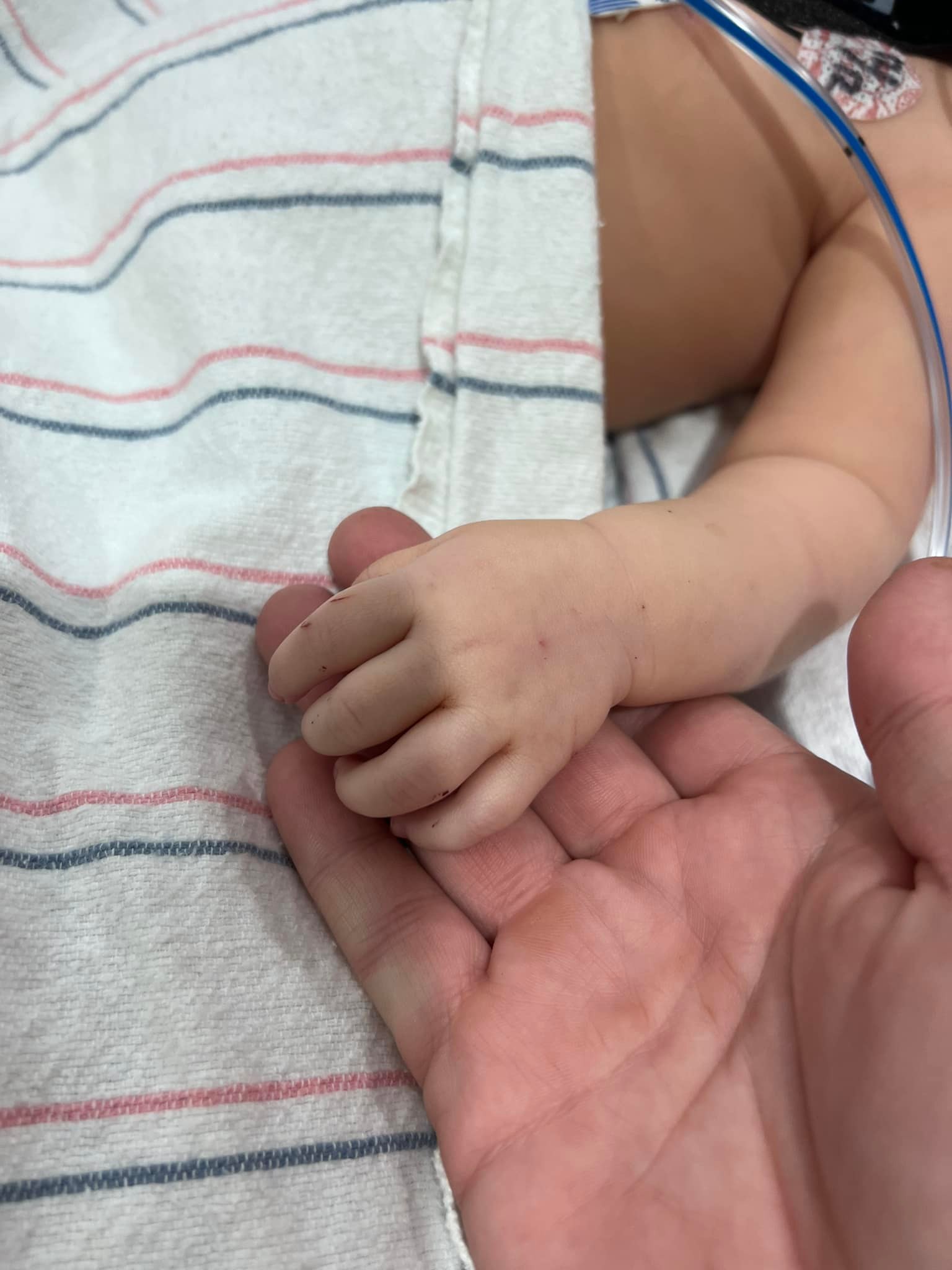 Oaklynn's hand rests in one of her parent's hands as she passes away. Jackie Koon wrote, "At least I know who will be watching over you up there for me. My dad. God this doesn't seem real." Image: Jackie Koon / Facebook