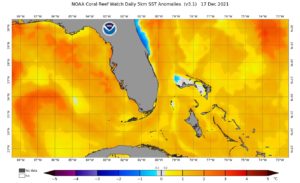 Temperatures in the Gulf of Mexico west of Florida are running 1-3 degrees Celsius above normal right now. Image: NWS