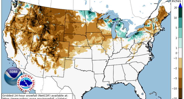 November snowfall as below normal for much of the country; the only exception was across portions of the Upper Midwest and Great Lakes regions. Image: NWS