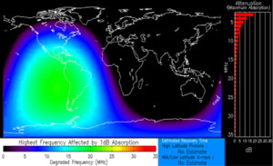 Radiation from the prior solar flare continues to impact radio communications in the colored area on this map.  Image: NOAA SWPC