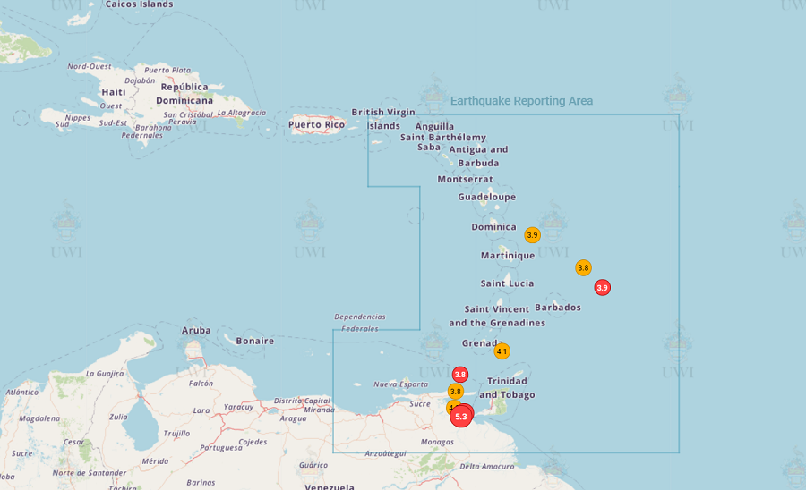 Several earthquakes have struck the eastern Caribbean in recent days too, some as strong as the earthquakes striking off the Oregon coast. Image: UWI Seismic Research Centre