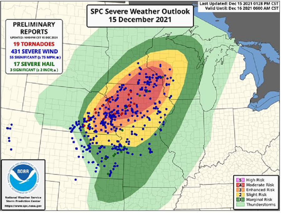 A record number of severe wind events was captured in yesterday's big storm.  Image: NWS/SPC
