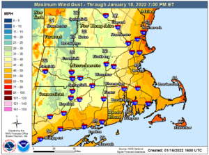 Zooming into New England shows damaging wind gusts are expected along the immediate coast. Image: NWS