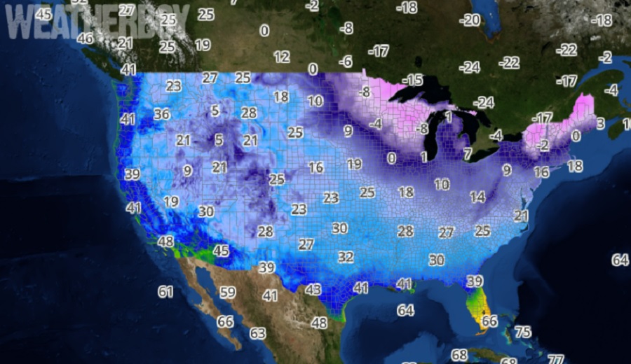 Bundle up! Very cold air will be making its presence known over a large part of the country tonight. Image: weatherboy.com