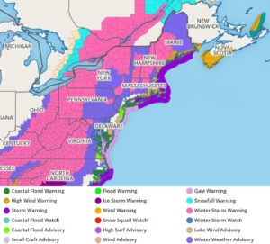 A slew of watches, warnings, and advisories are up for the eastern U.S. due to the winter storm moving through. Image: weatherboy.com