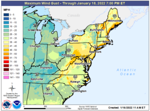 Winds over 40 mph will reach far inland into western portions of Pennsylvania and New York; at the coast, especially in coastal New England, winds can gust 55-75 mph. Image: NWS