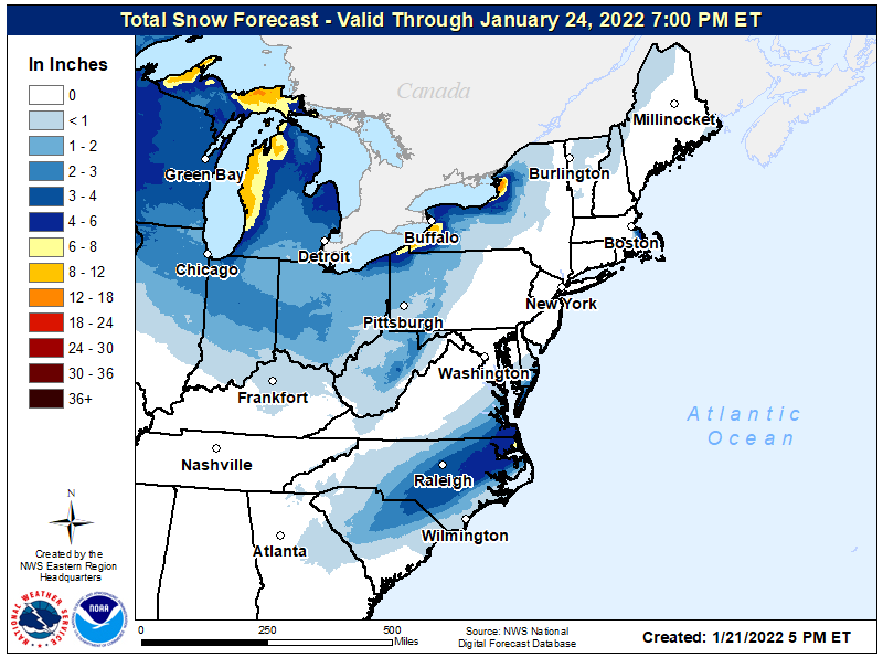 Heavy snow is likely over portions of North Carolina and Virginia over the next 12-24 hours.  Image: NWS