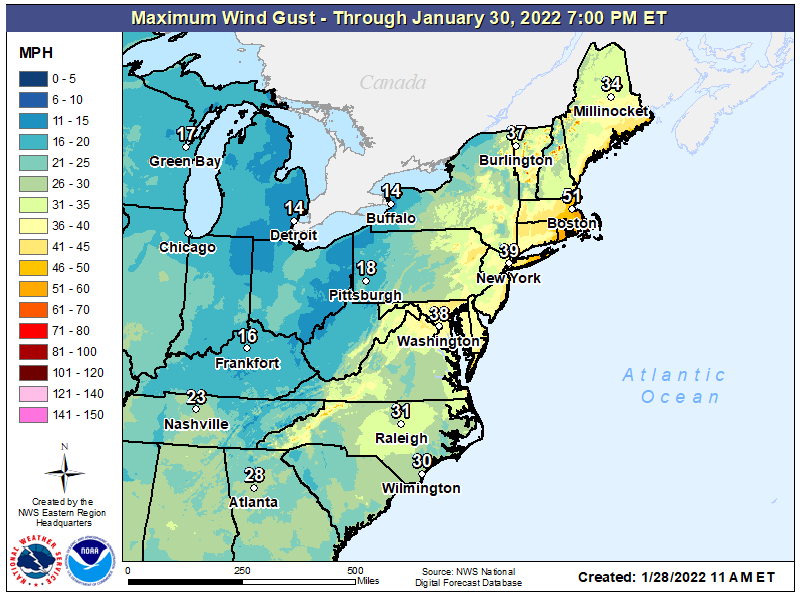 Wind gusts will be strong throughout the northeast and strongest along the coast from Virginia north to Maine. Boston could see the strongest of the east coast cities, with wind gusts over 50 mph expected there. Image: NWS