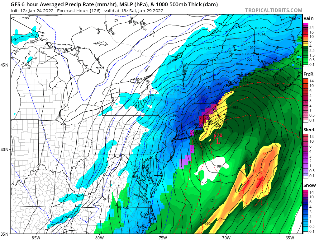 This afternoon's American GFS forecast model suggests a major winter storm will impact the northeast this weekend. Image: tropicaltidbits.com